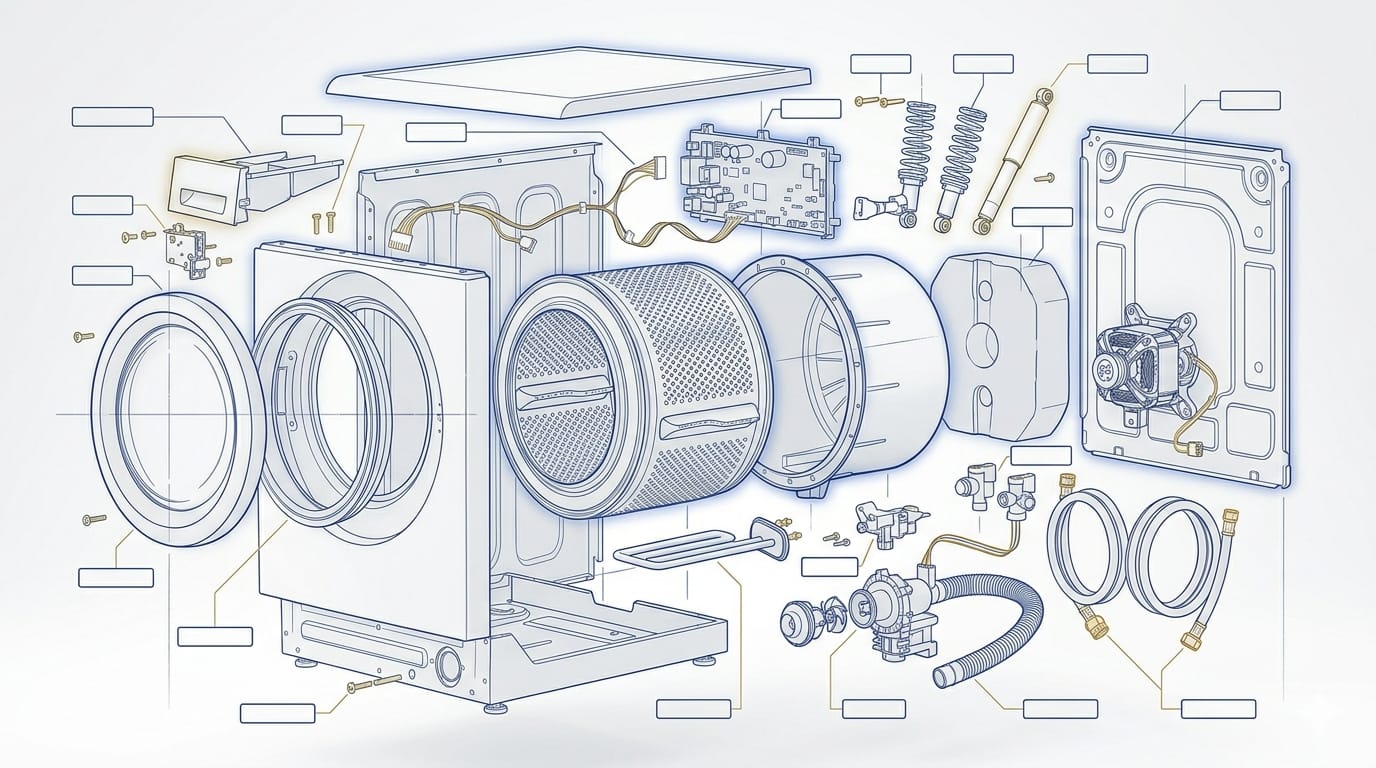 Blue technical blueprint of appliance parts