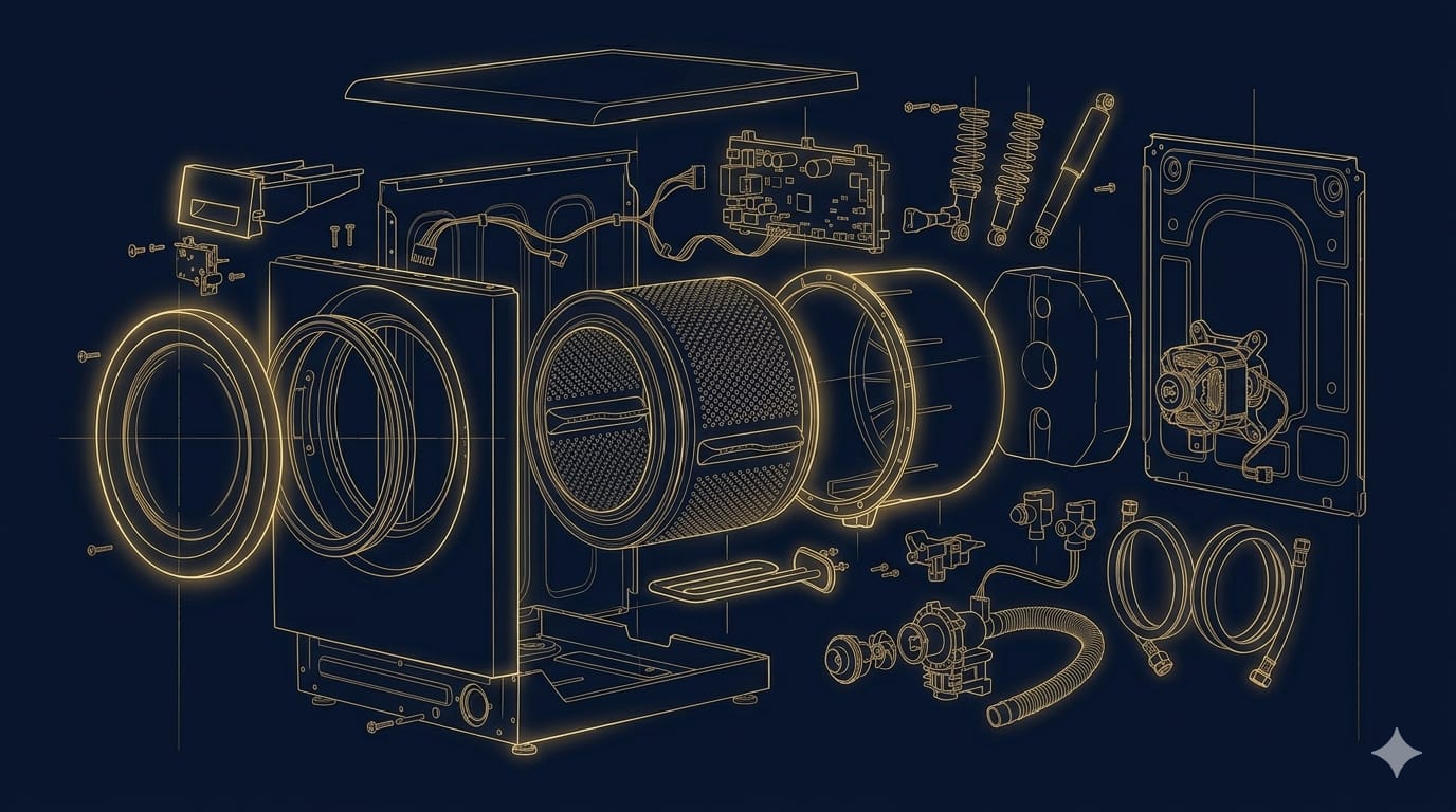 Gold blueprint schematic of appliance parts